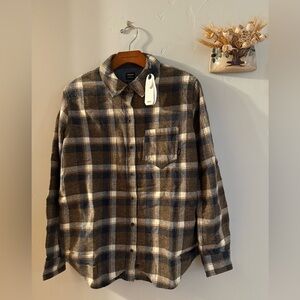 Prana women’s Golden Canyon Flannel- Brown, cream, and Blue Plaid Shirt